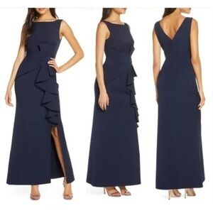 Eliza J Navy Blue Cascade Ruffle High Slit Maxi Occasion Dress Style EJOW0110